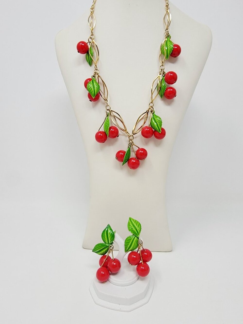 Vintage Cherry Necklace & Clip Earrings Set Red Plastic Fruit Jewelry